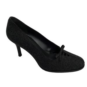 Stuart Weitzman Wool Pump Gray Charcoal Black Leather Bow Round Toe 3" H…